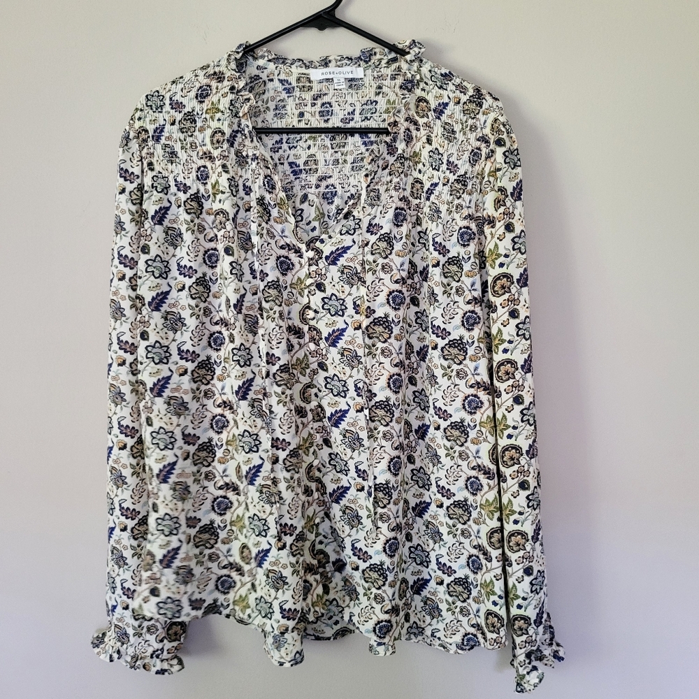 Rose + Olive Floral Button Front Blouse XL